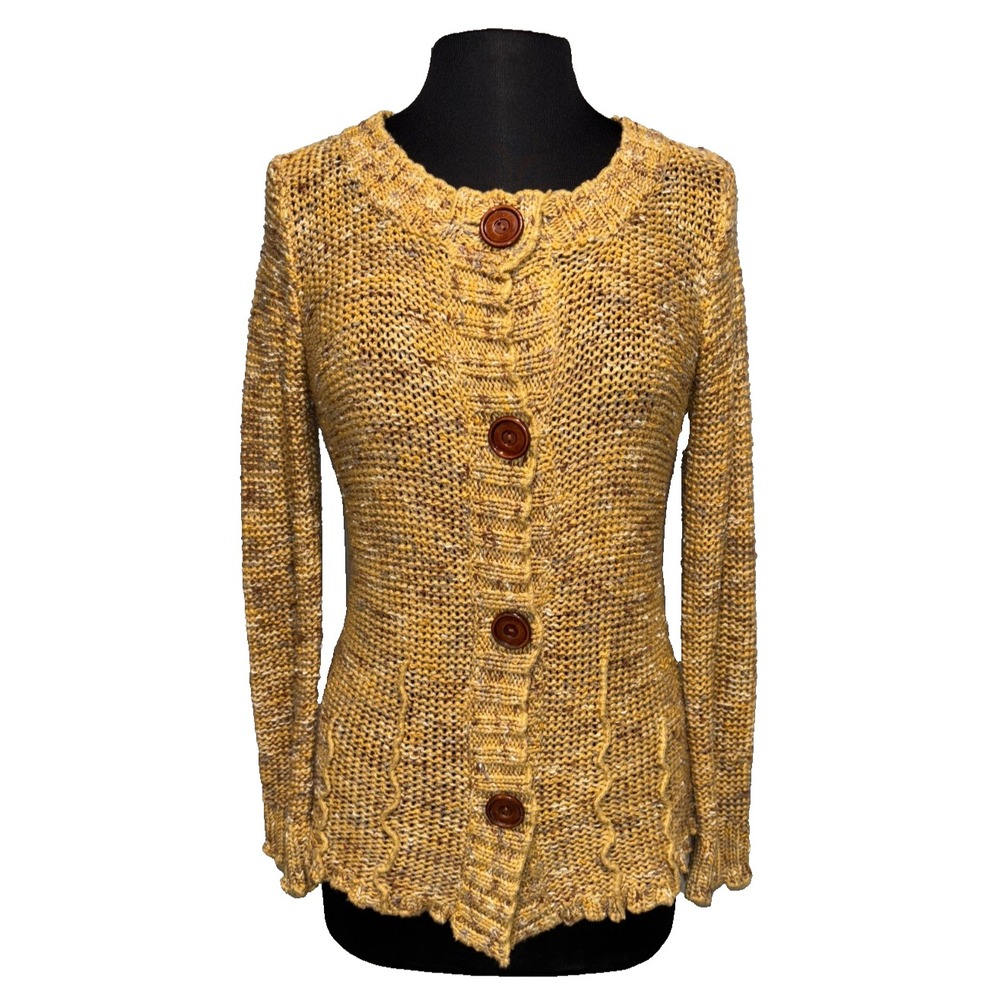 Chunky Knit Cardigan Sweater Womens L Mustard Wood Buttons Peplum BCBG Maxazria